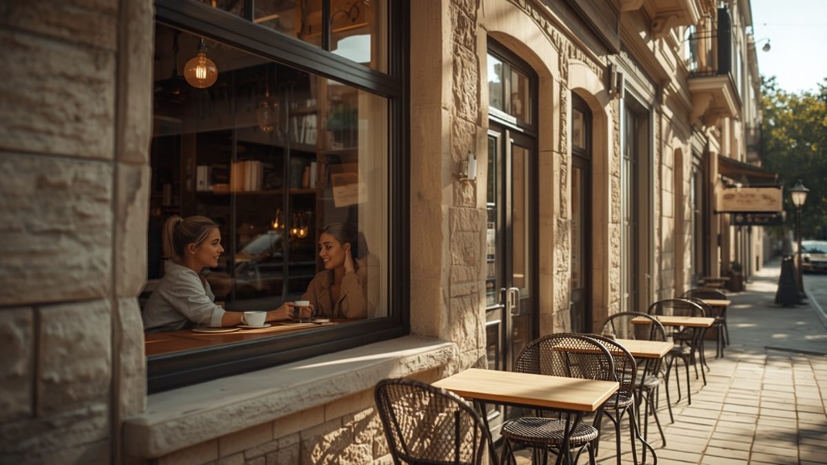 Dos personas toman café junto al ventanal de una cafetería de barrio con terraza en la acera